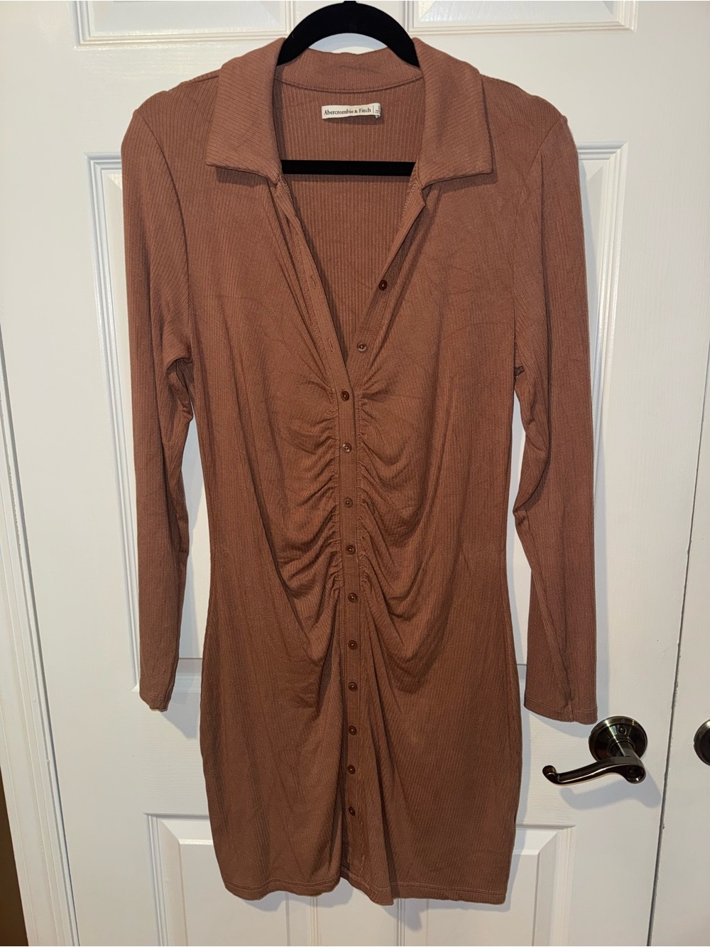 Abercrombie & Fitch Rust-Toned Button Ruched Long Sleeve Dress